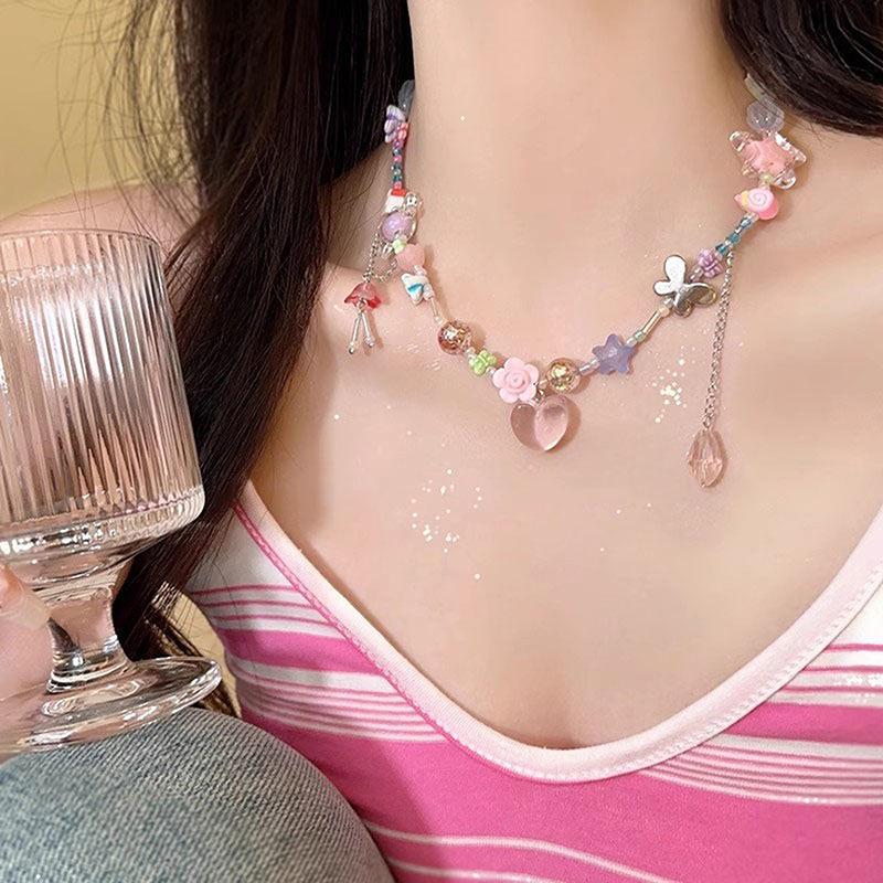 Y2K Heart Butterfly Přívěsek Choker náhrdelník Barevný korálkový řetízek klíční kosti pro ženy Dívka Punk Sladký estetický párty šperk