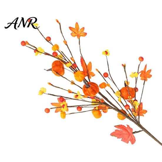 Thanksgiving Table Decorations 19.7Inch Artificial Berries Maple Leaf Pumpkin Floral Stems, Fall Branches Retro Orange Yellow Silk Flowers for Autumn