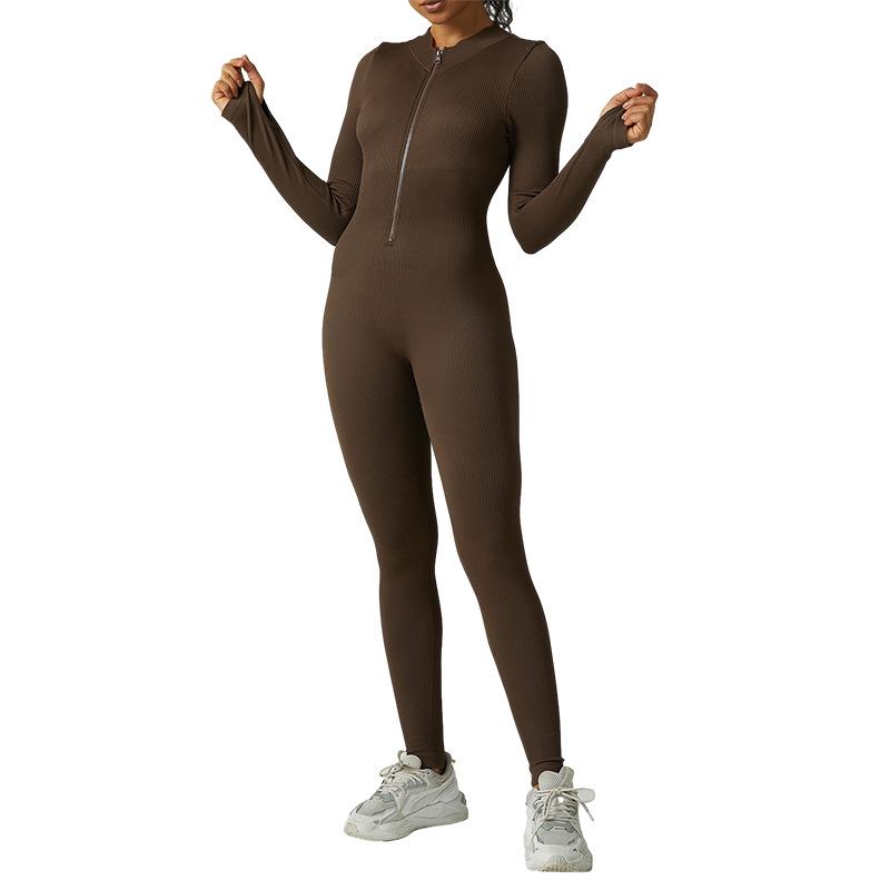 Women's High-Intensity Zipper Long Sleeve Ribbed Yoga Bodysuit