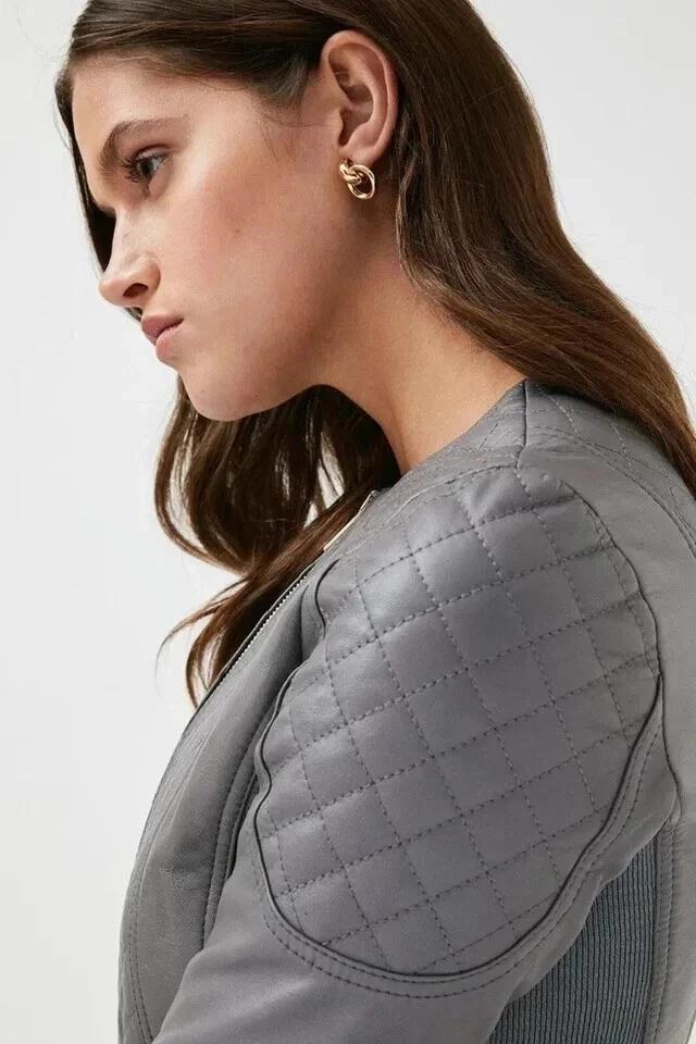 Elegante Giacca da Donna in Pelle Nuova Grigia Fatta a Mano Agnello Casual Biker Motociclista