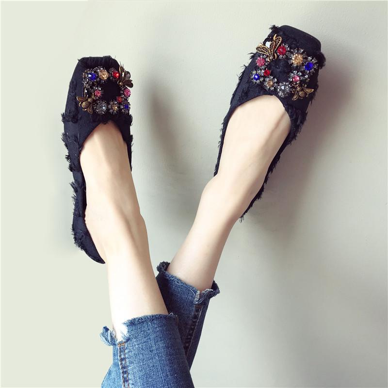 Autumn Fashionable All-match Rhinestone Square Buckle Square Toe Cloth Flat Heel Single Shoes Women's Soft Sole Moccasins