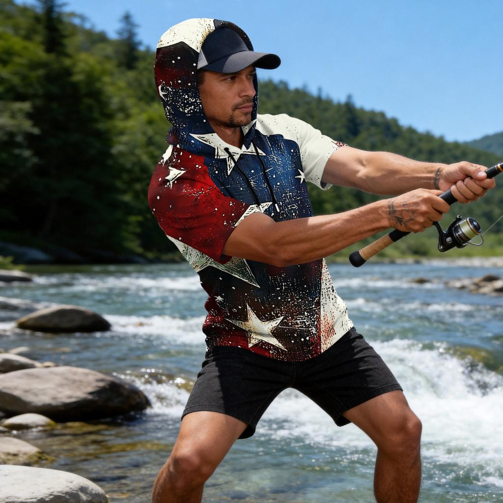 Men's Raglan Sleeve Casual Sport Hoodie Short Sleeve Lightweight Fishing Sun Protection Shirt with Hooded Design