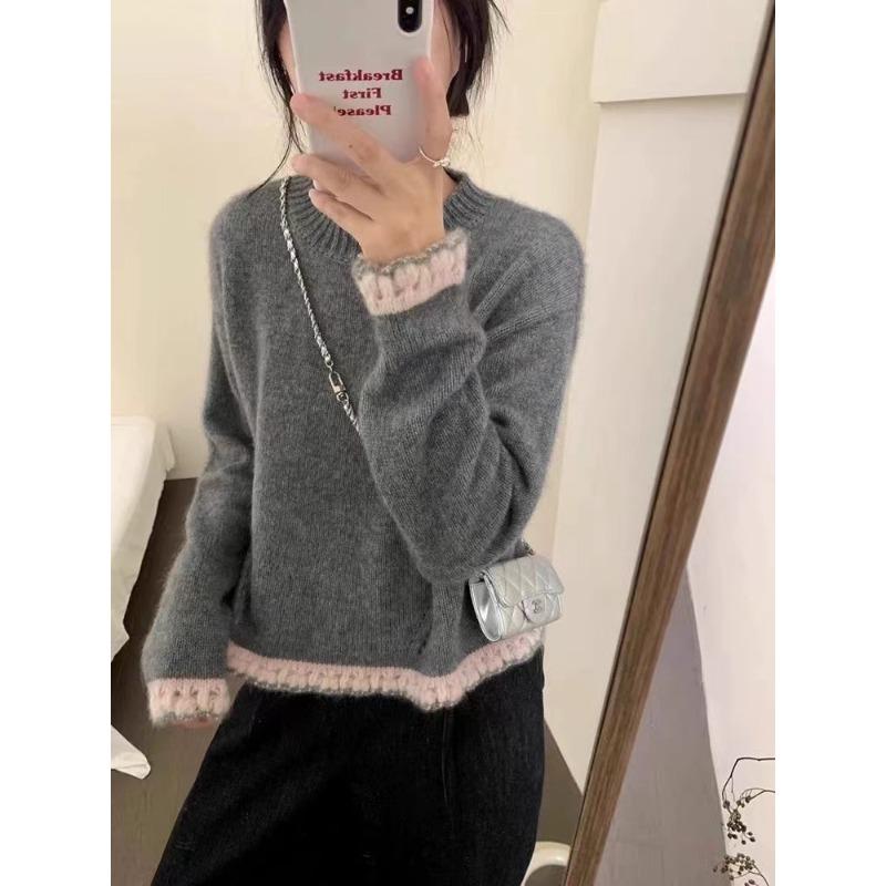 

Премиальный сенс супер красивый бордовый кружевной рукав дизайн сенс вязаный свитер женский ранняя осень новый атмосфера топ L серый