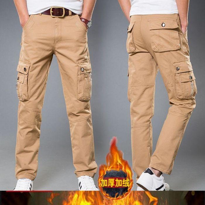 Winter New Men'S Plush Thick Work Pants Warm Cotton Loose Straight Tube Multi Bag Casual Work Pants