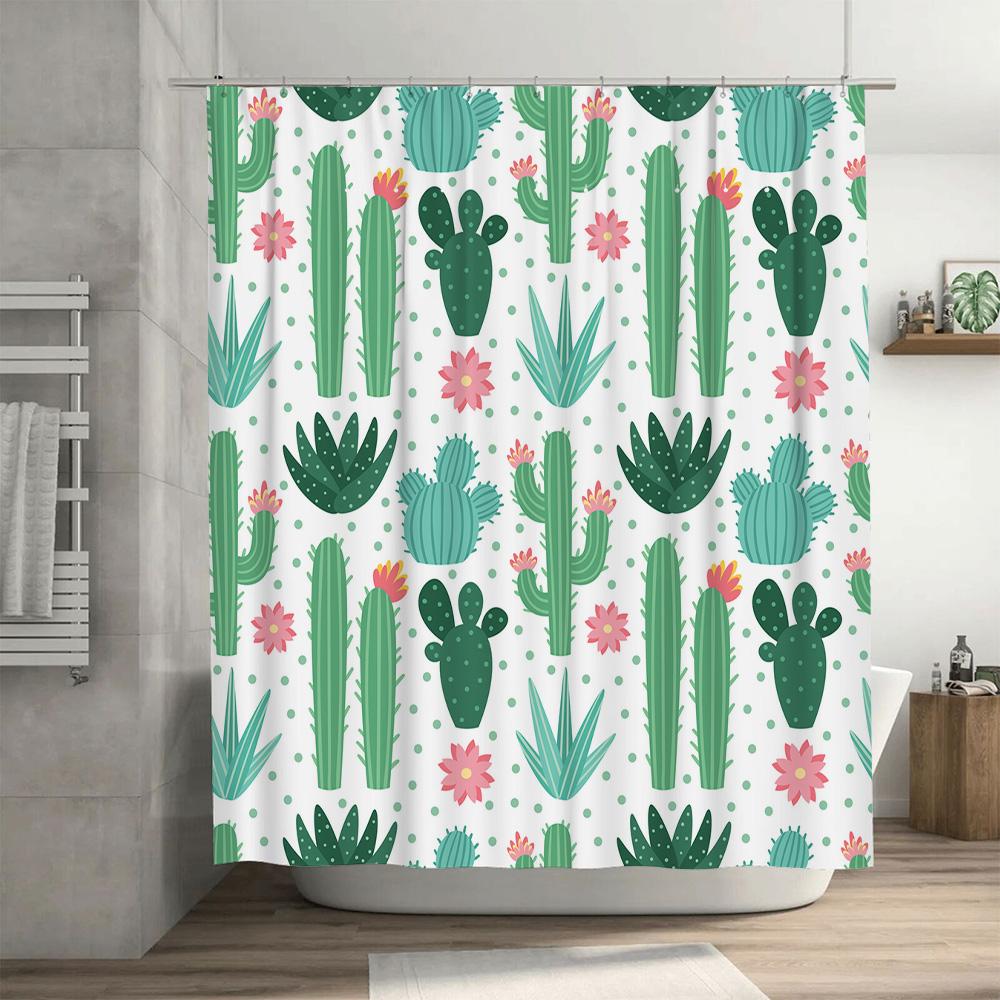 Green Cactus Shower Curtain Set Bathroom Decor Fabric Waterproof Shower Panels for Home Decoration Supplies