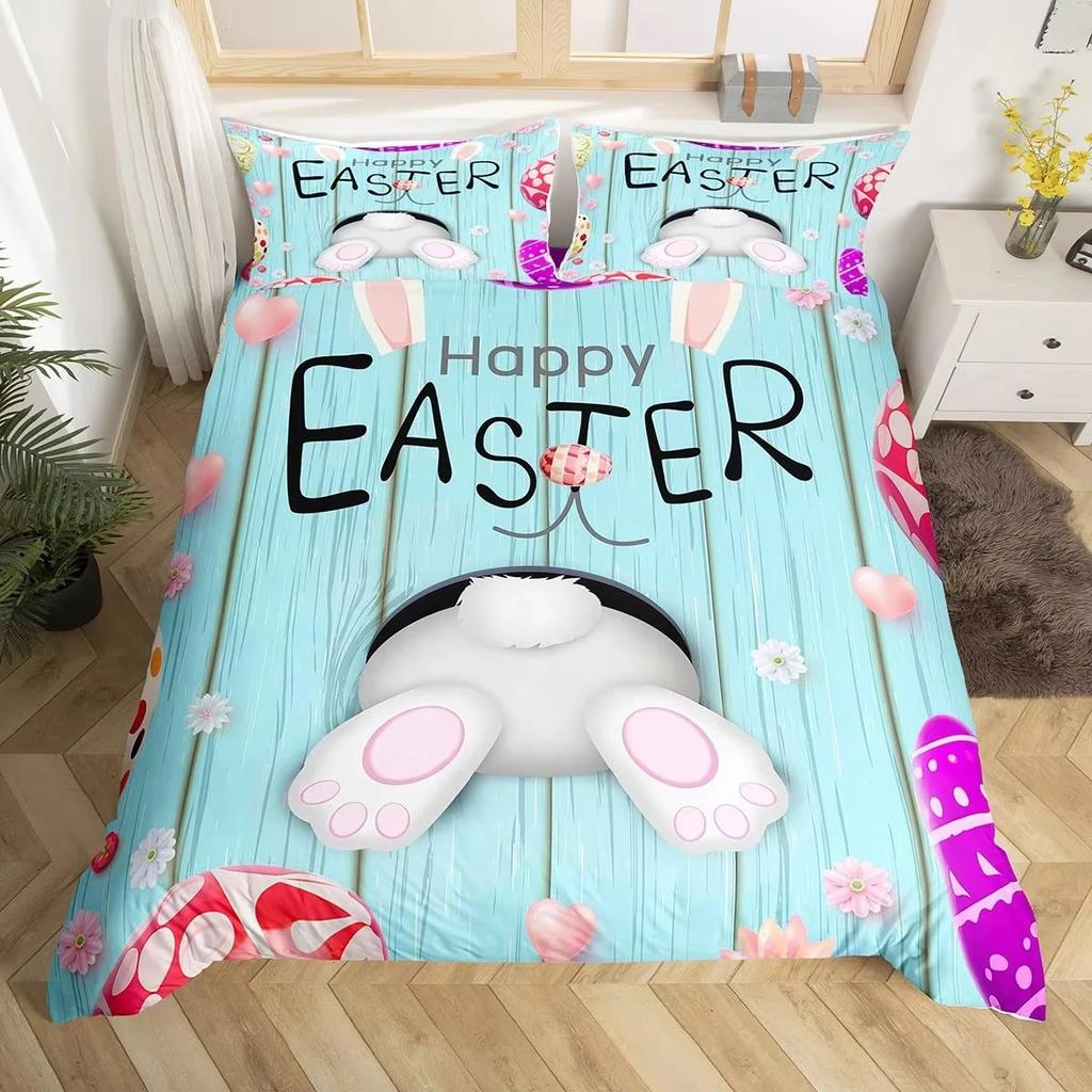 Easter Decor Rabbit Duvet Cover Colorful Flowers Bedding Set Girls Kids Room Kawaii Decor Easter Gifts Comforter Cover 2/3 Pcs
