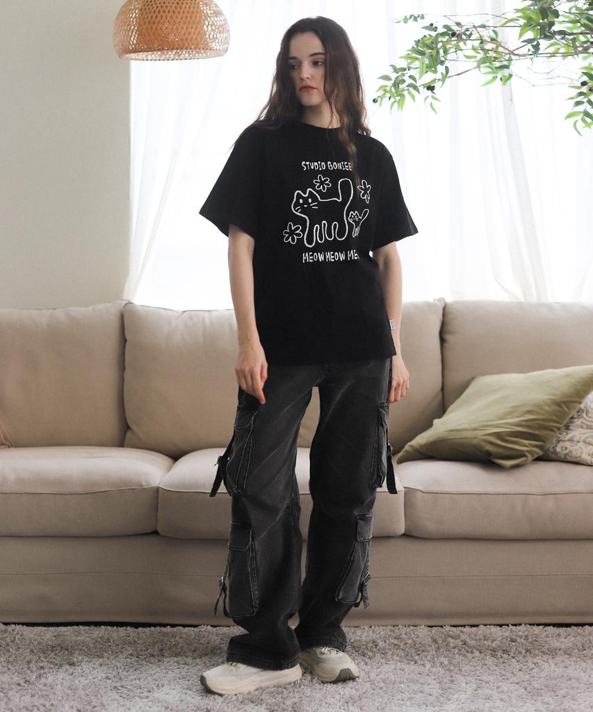BONIEE Meow Cat Kitten Graphic Loose Oversized T-Shirt Black