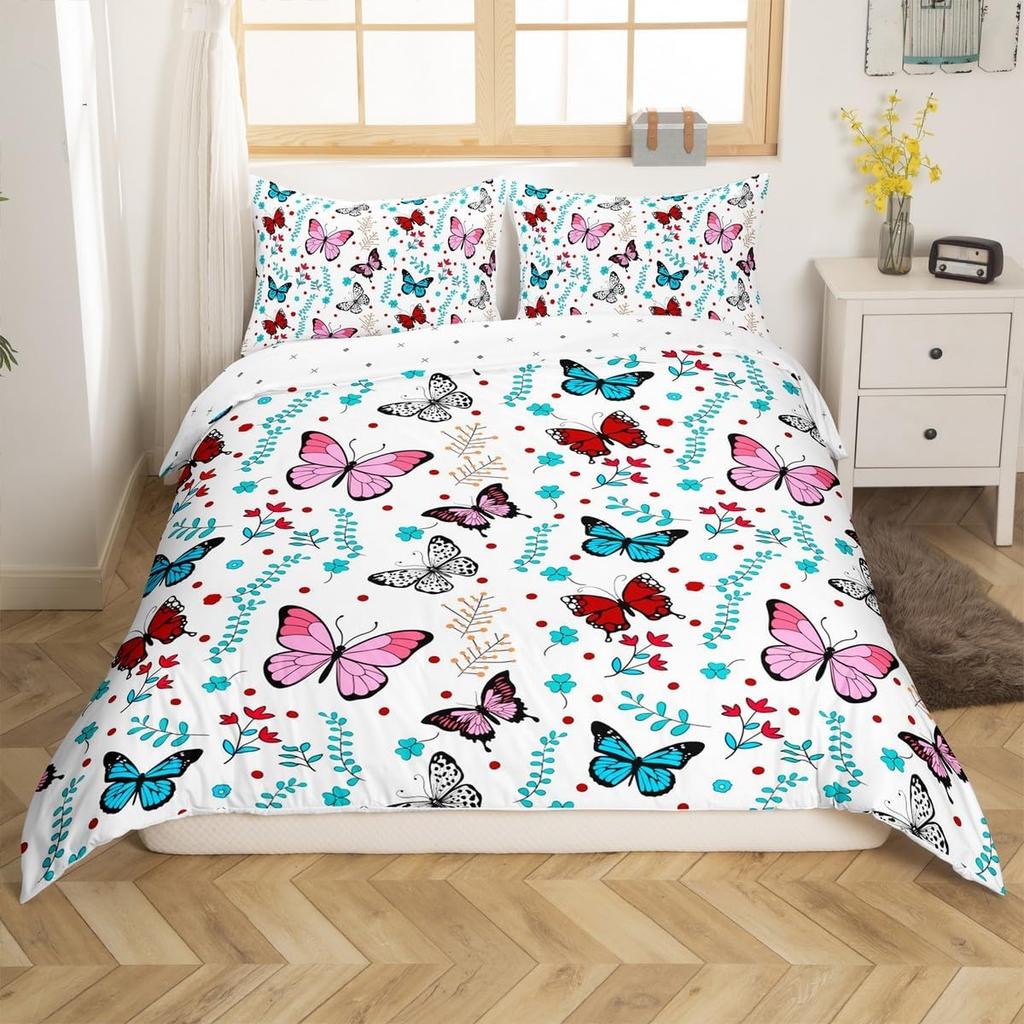 Garden Flowers Pattern Duvet Cover Set Single Size for Girls Adults Women Kids Butterflies Print Bedding Set + 2 Pillowcases