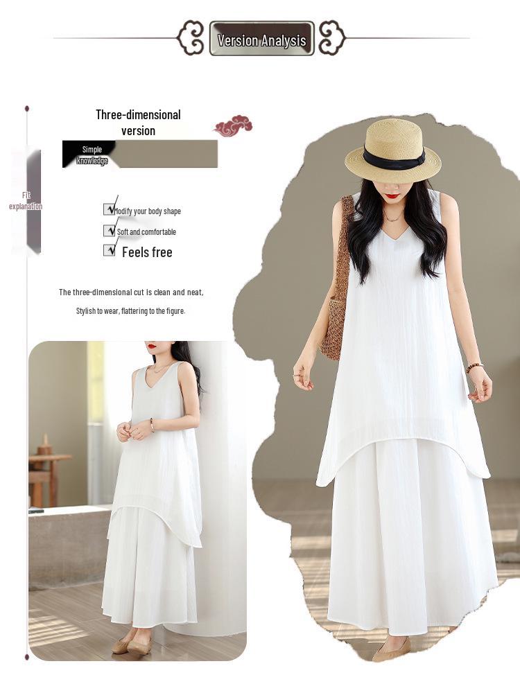 Women's High-End White Sleeveless Suit Dress - Loose Vest & Irregular Skirt Two-Piece Set