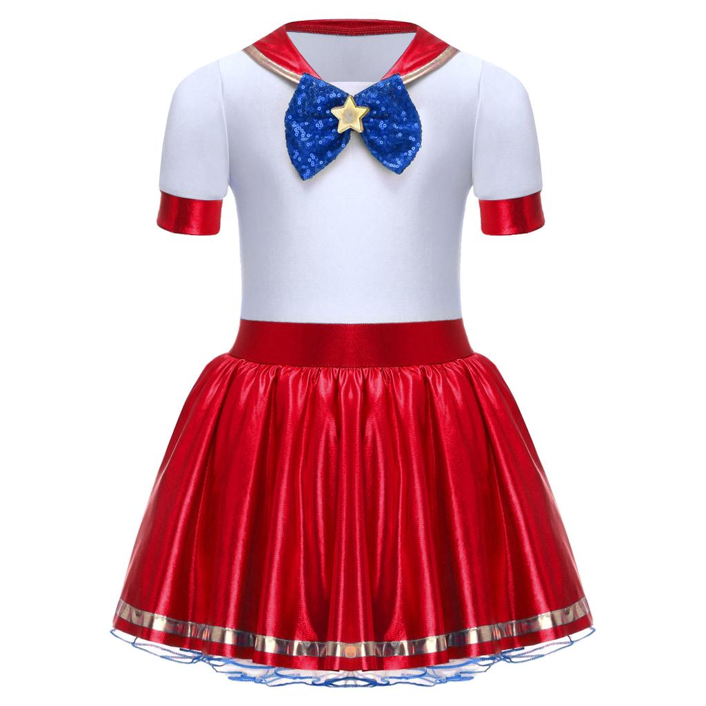 Costum de marinar pentru fete Bloc de culori Patchwork Luciu metalic Gât rotund Mânecă scurtă Cravată detașabilă Rochie bufantă