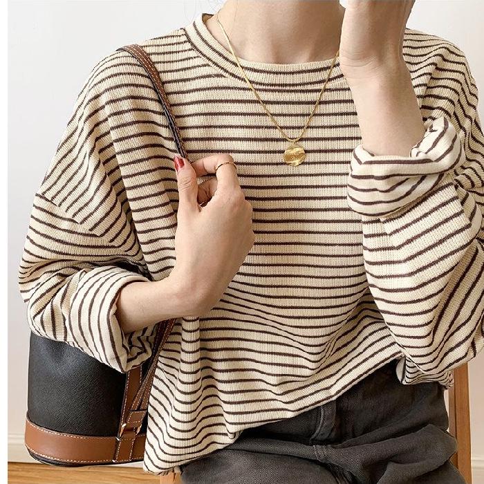 

Women s Striped Long-Sleeve Round Neck T-Shirt: Versatile Base Layer for Spring, Autumn, Winter - Loose, Lazy Style. Large