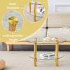 Modern Two-Tier Glass Coffee Table - Gold-Colored Metal Legs, Stable and Spacious. Metal Shine and Glass Reflections for Quiet Luxury Interiors.