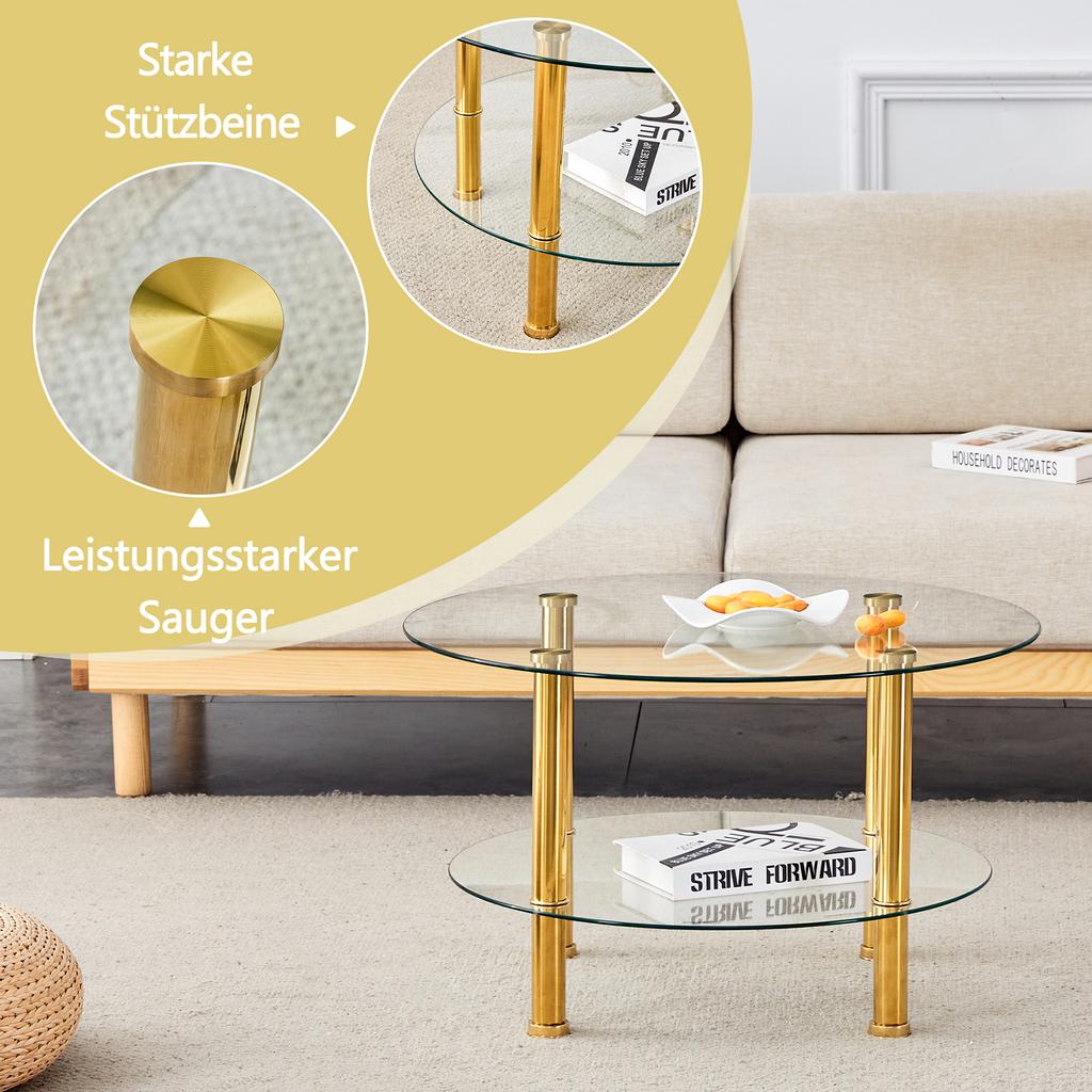 Modern Two-Tier Glass Coffee Table - Gold-Colored Metal Legs, Stable and Spacious. Metal Shine and Glass Reflections for Quiet Luxury Interiors.