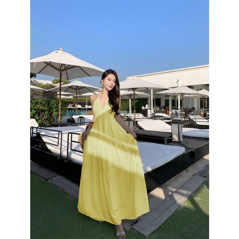 

Seaside Vacation Beach Dress Sexy Collar Neck Backless Dress Women s Summer French Beautiful High-end Dress L жовтий