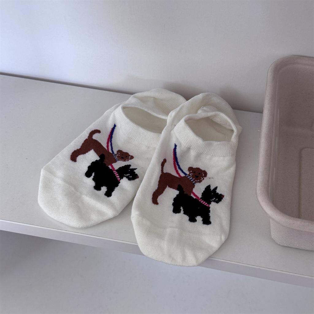 Niedliche Cartoon Hunde Bootssocken für Mädchen, Trendige handbemalte Freizeitsocken, Unsichtbare knochenlose Socken