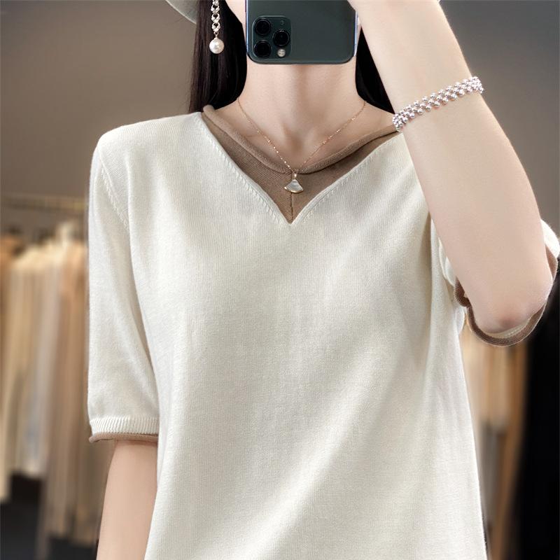 

Pure Cotton V-neck Color-blocking Fake Two-piece Short-sleeved Women s Summer New Fashionable and Versatile Knitted Base Shirt Comfortable T-shirt S