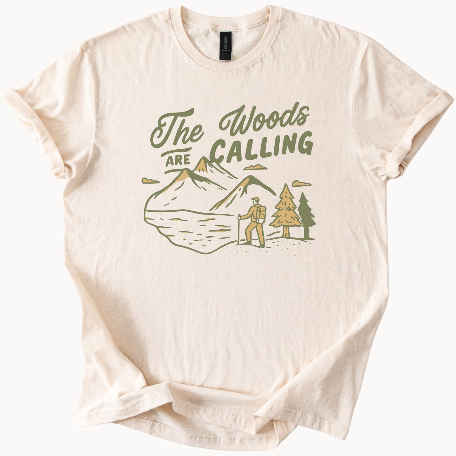 The Woods Are Calling Hiking Graphic T Shirt Outdoors Mountains Forest Nature Adventure Scene Casual Trail Hiker Art Tee 120
