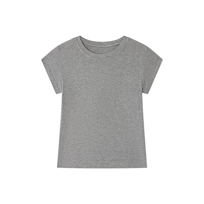 Summer Tencel Wool Short Sleeve Women's Round Neck Design Slim Fit Sleeve New Solid Color Comfortable Top