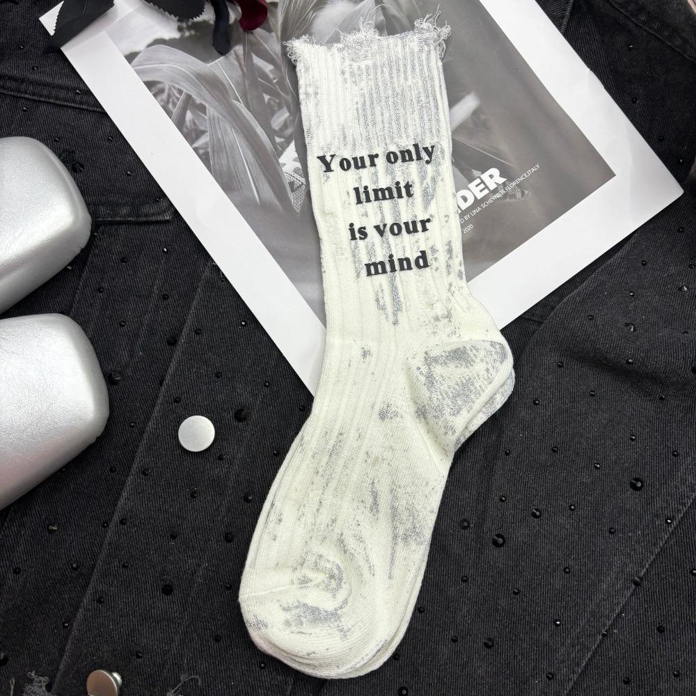 Stripe Mid Tube Socks Unique Letter Personality Mid-Calf Socks Soft Ripped Hollow Socks  For Women