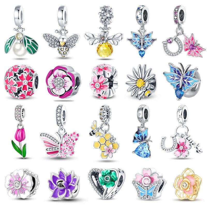 

Подходит для браслета, подвески из стерлингового серебра 925 пробы, розовые, синие, анютины глазки, подвески в виде цветов, бабочек, тюльпанов, фламинго, подвески, новинка весны 2023 года