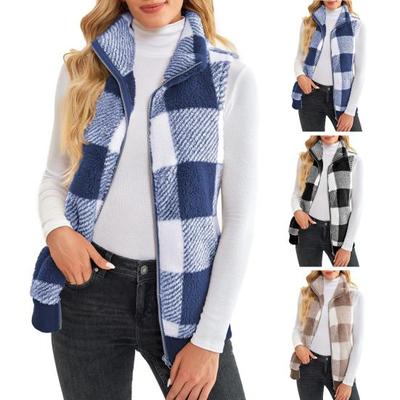 Women Fall Winter Vest Coat Sleeveless Stand Collar Thick Plush Neck Protection Zipper Closure Cardigan Color Matching Plaid Pockets Lady Waistcoat