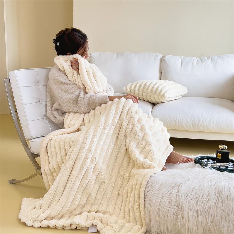 Solid Color Stripe Milk Velvet Plush Blanket - Soft Flannel Cover, Available in Single & Double Sizes