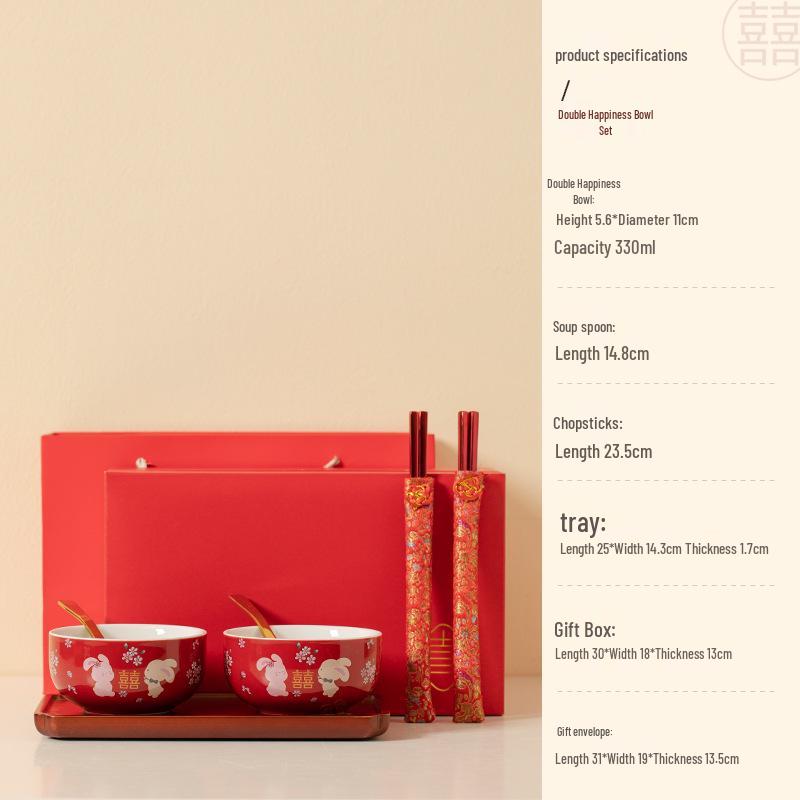 Double Happiness Red Bowl & Chopsticks Set - Wedding, Housewarming, Birthday, Anniversary Gift