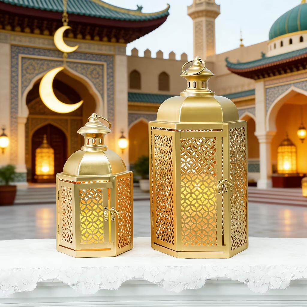 Set of 2 Ramadan Vintage Tower Temple Lanterns 15"&11''H Moroccan Decorative Candle Lantern for Garden Porch Shelf Parties Patio