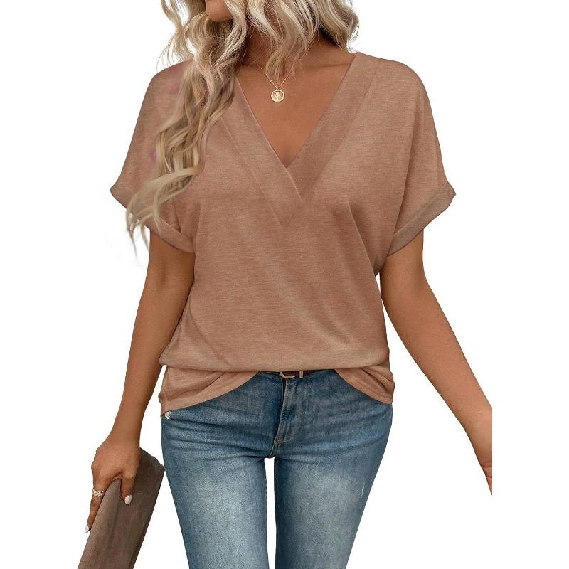 IHUASU Women's Fashion Casual Solid Color Print Short Sleeve V Neck Blouses & Shirts Unique design