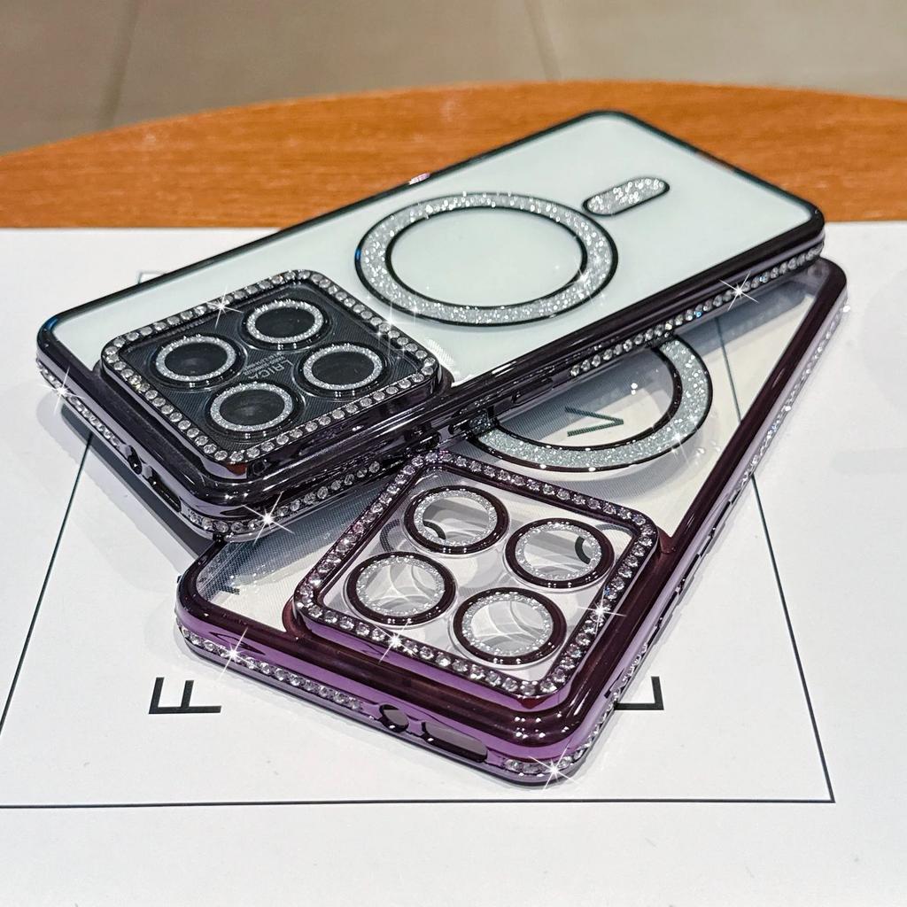 Glitter Diamond Transparent Plating Magnetic Case For Xiaomi 14T Redmi Note 14 Pro Plus For Magsafe Wireless Charge Bumper Cover