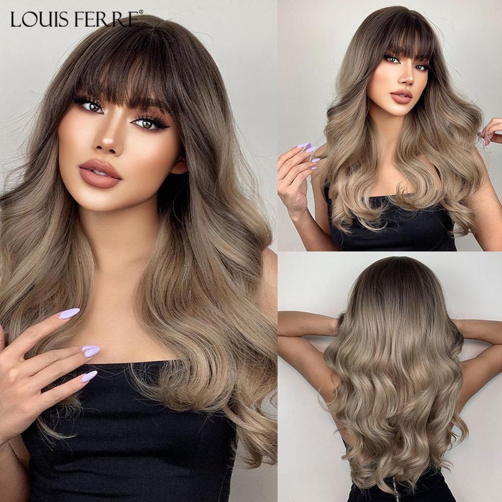 LOUIS FERRE Vínově červená vlnitá syntetická paruka Dlouhé vlnité přírodní vlasy s ofinou Denní Cosplay Tepelně odolná móda Dámské vlasy s parukou