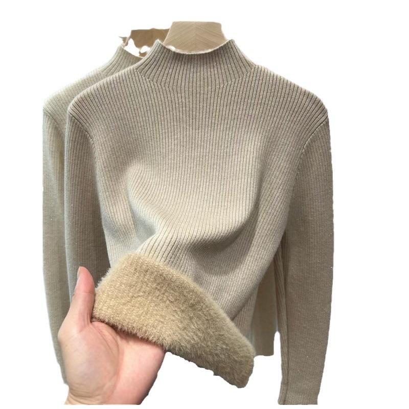 Winter Fleece Thickened Knitted Bottoming Shirt Women's Integrated Fleece Semi-turtleneck Pullover Warm Inner Top