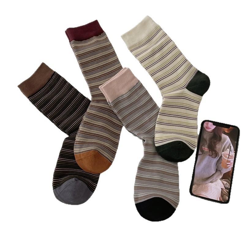 Sweet Striped Socks, Versatile Mid-calf Socks for Women in Spring and Autumn, Brown Boneless Pile Long Socks