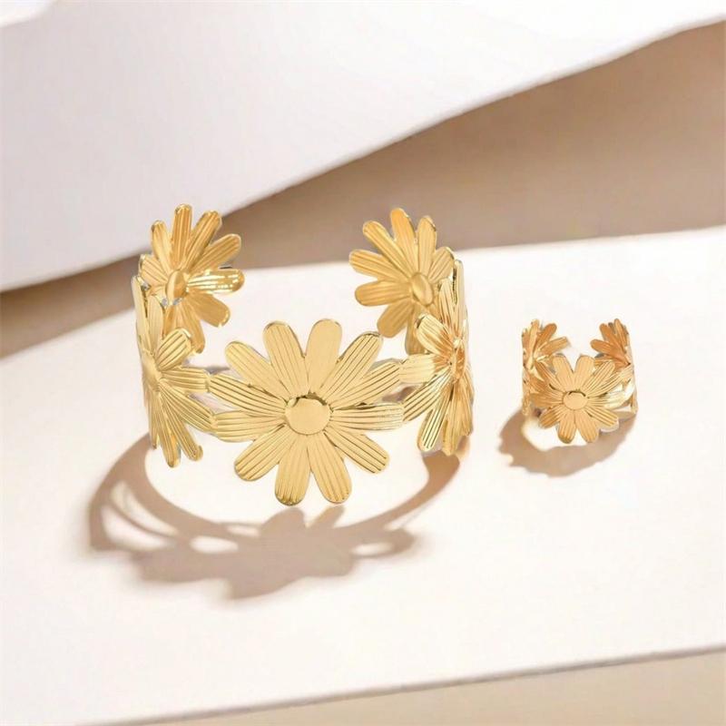 Vintage Irregular Baroque Pearls Open Bangles Rings for Women Charm Gold Color Flower Thick Chunky Rings Jewelry Set Party Gifts