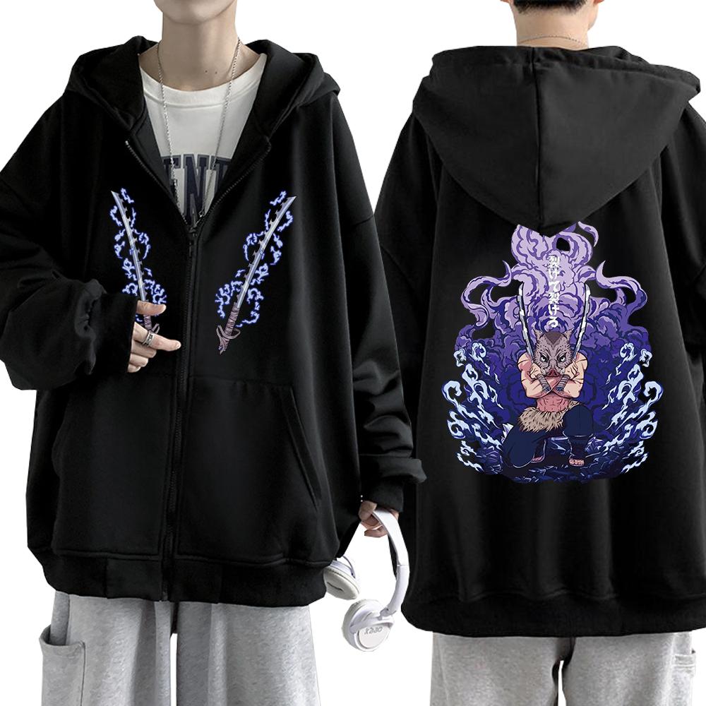 Harajuku Anime Demon Slayer Agatsuma Zenitsu Cool Grafik Bedruckte Kapuzenpullover für Herren und Damen mit Reißverschluss Y2k Sweatshirt Herren Reißverschlussjacke