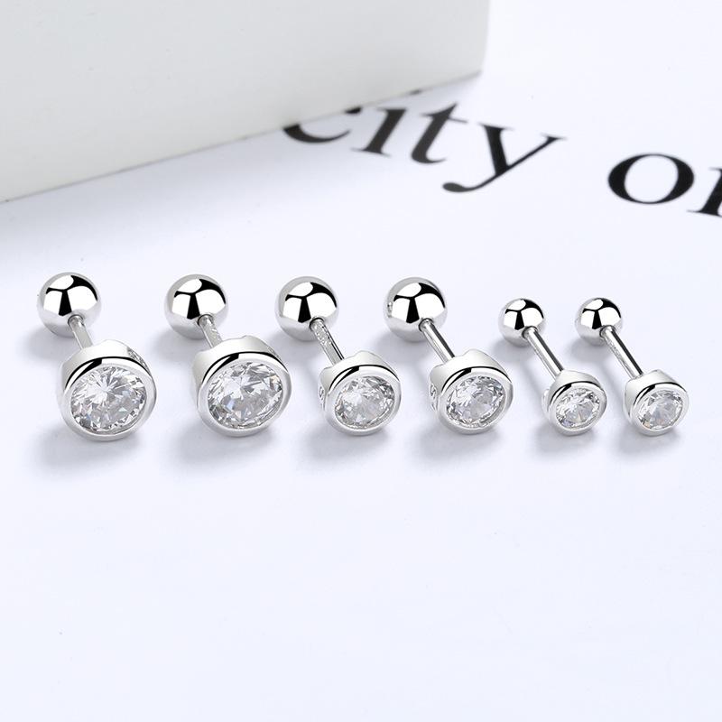 Copper zircon round bead threaded stud earrings, women's screw twist-off stud earrings, simple and fashion