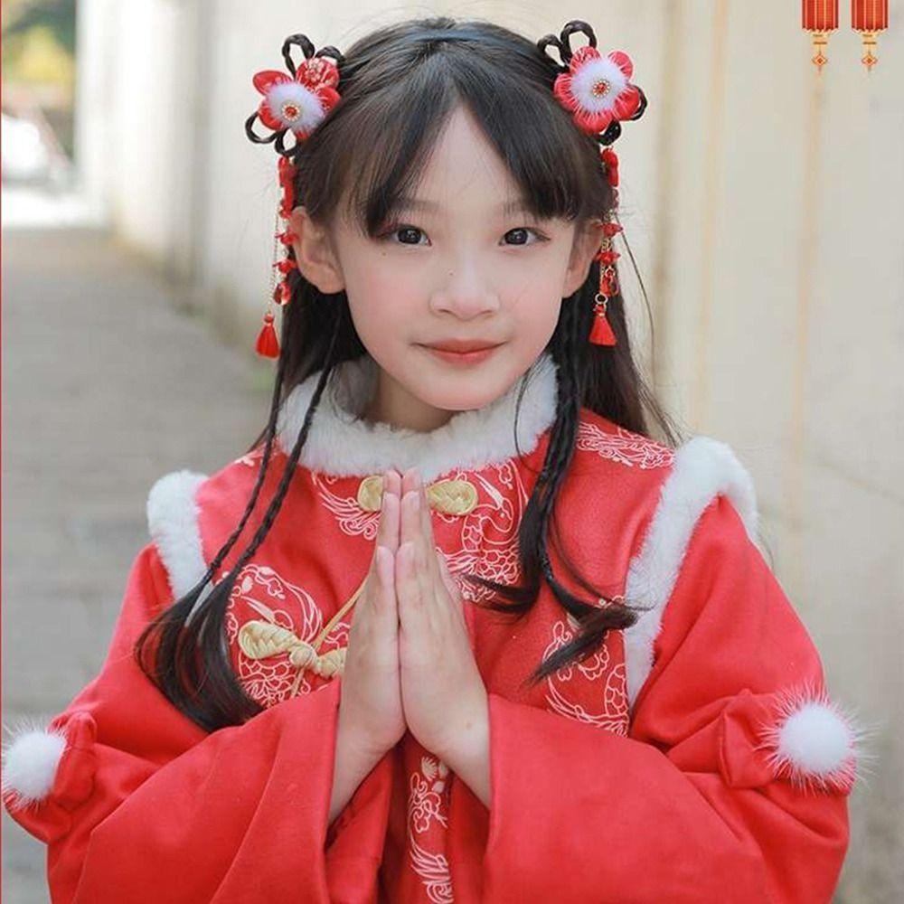 Braid Hair Children Wig Headband Flower Hanfu Hair Sticks Cute Chinese New Year Headwear Children