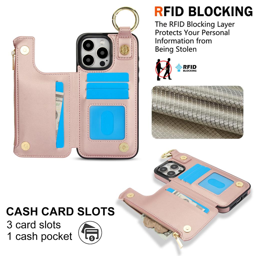 Zipper Cards Solt Wallet Ring Holder Leather Case For iPhone 16 Pro Max 15 Plus 14 13 12 11 Double Buckle Magnetic Rfid Cover