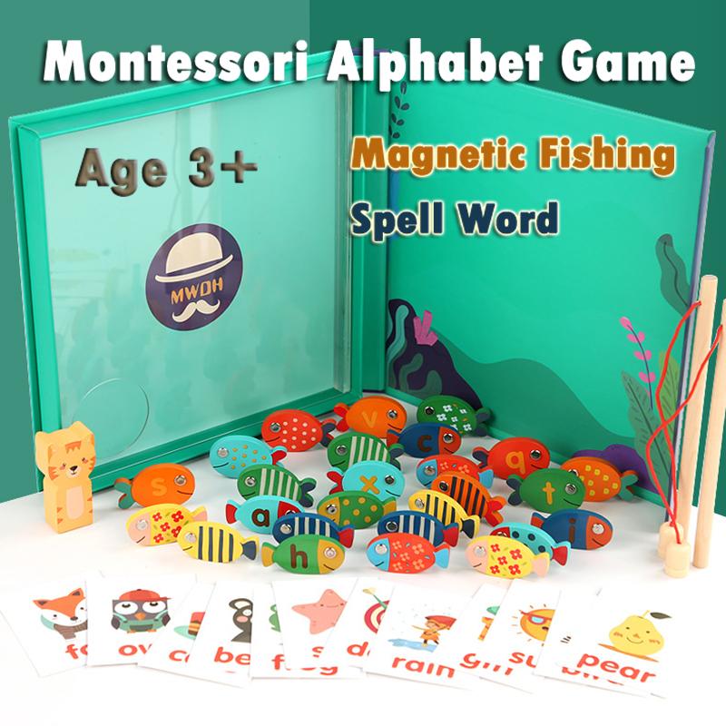 Kids Montessori Toy Wooden Magnetic Fishing Game Fine Motor Skill Counting Catch ABC Alphabet Fish Cognitive Toys Spelling Games