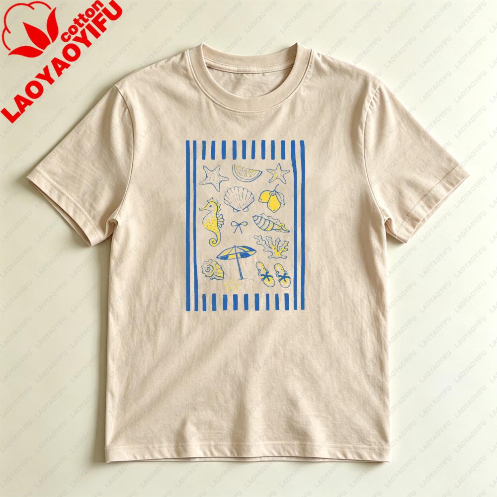 Coastal Nautical Beach Icon Tee Summer Vacation Crewneck Tshirt Nautical Coastal Summer Unisex Fashion Casual Cotton Tops