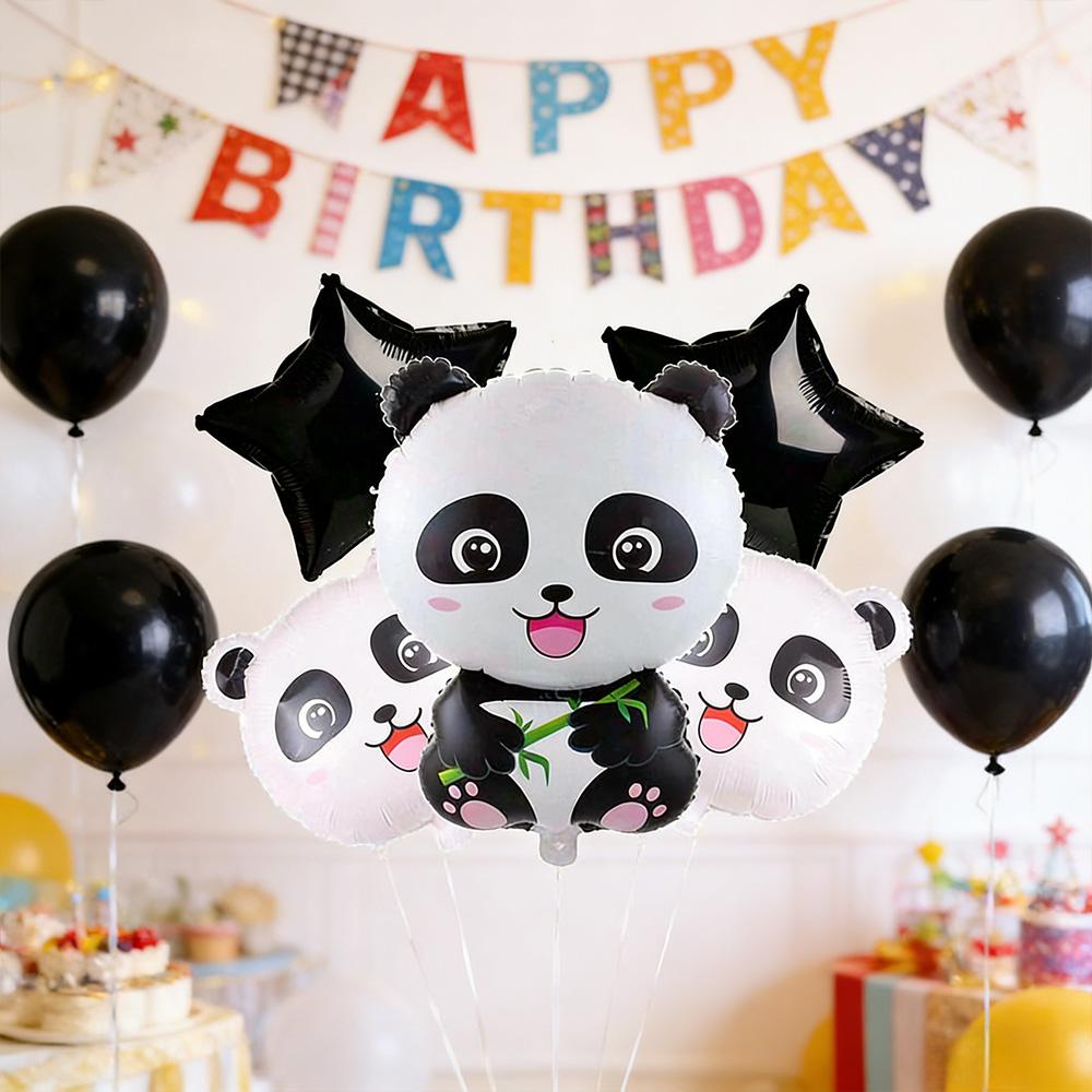 5-Piece Set of Panda Head and Five-Pointed Star Aluminum Foil Balloons, Suitable for Birthday Parties, Panda-Themed Birthday Party Decorations