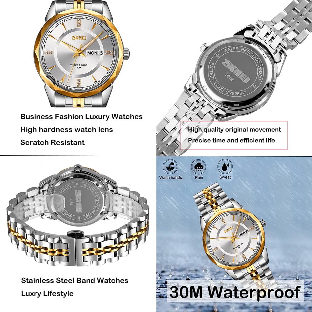 SKMEI Men's Watch Gold Silver Stainless Steel Business Classic Wristwatch Gentleman Waterproof Analog Stylish Simple Date Day Luxury Gift Silver