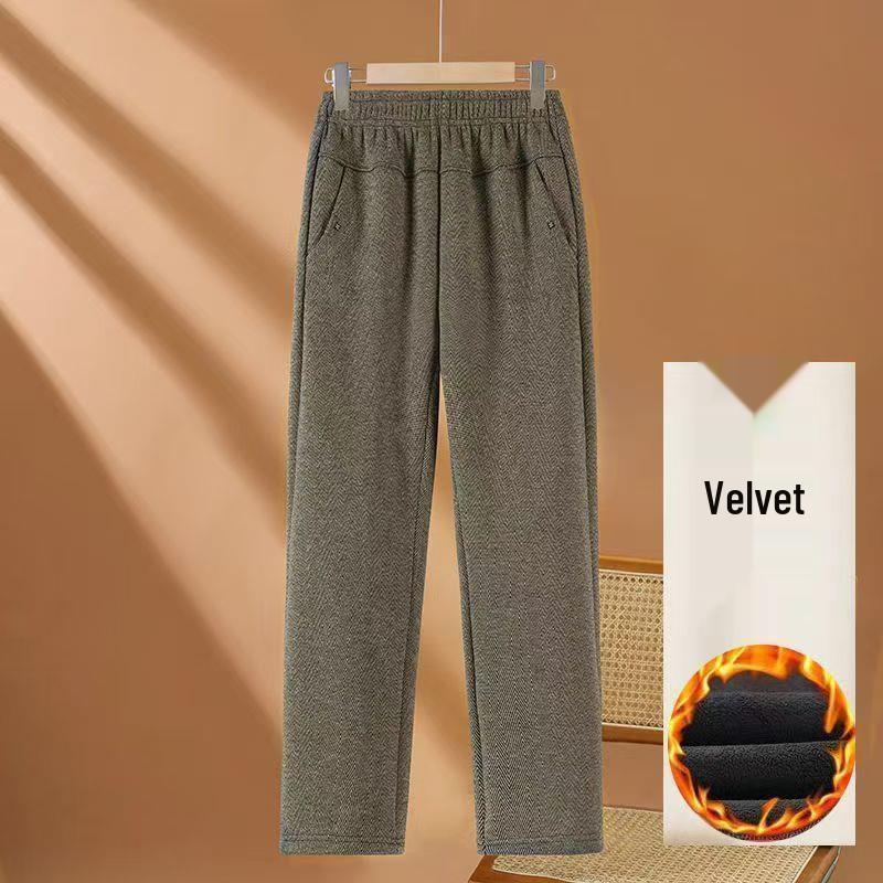 Women's High-Waisted Fleece-Lined Pants for Mature Women - Loose, Elastic Straight-Leg Design In Solid Colors