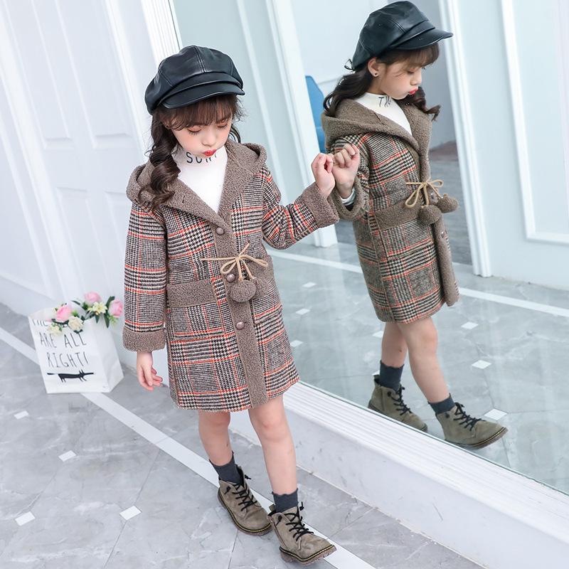 

Пальто в клетку для девочек, осень/зима 2023, модное детское шерстяное пальто 160cm
