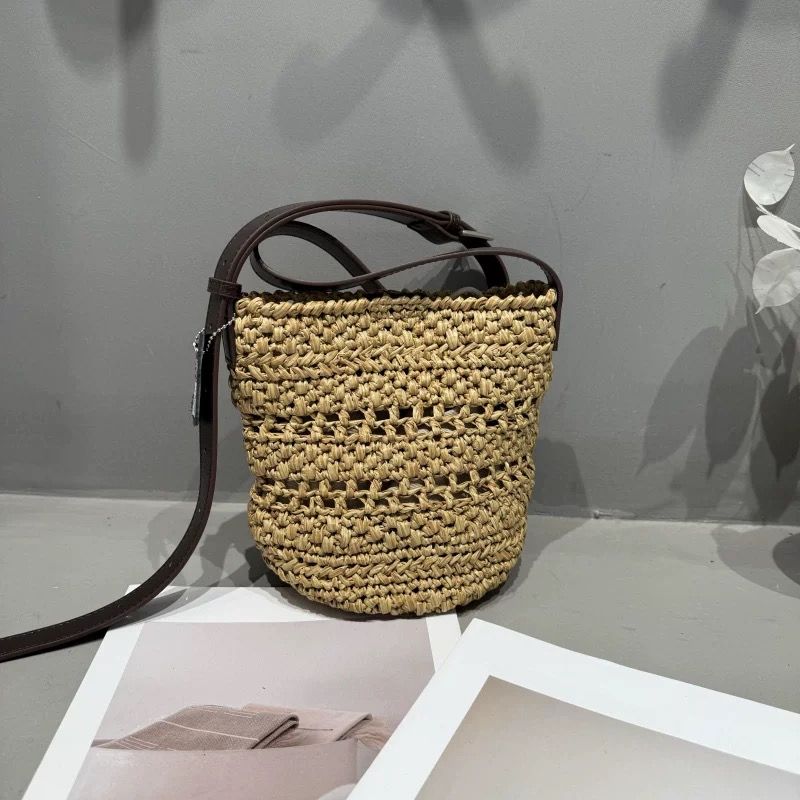 

Ceirihe French Style Retro Vacation Style Straw Bucket Bag Women s Special-Interest Design Woven Hollowed Shoulder Messenger Bag Spike Brown