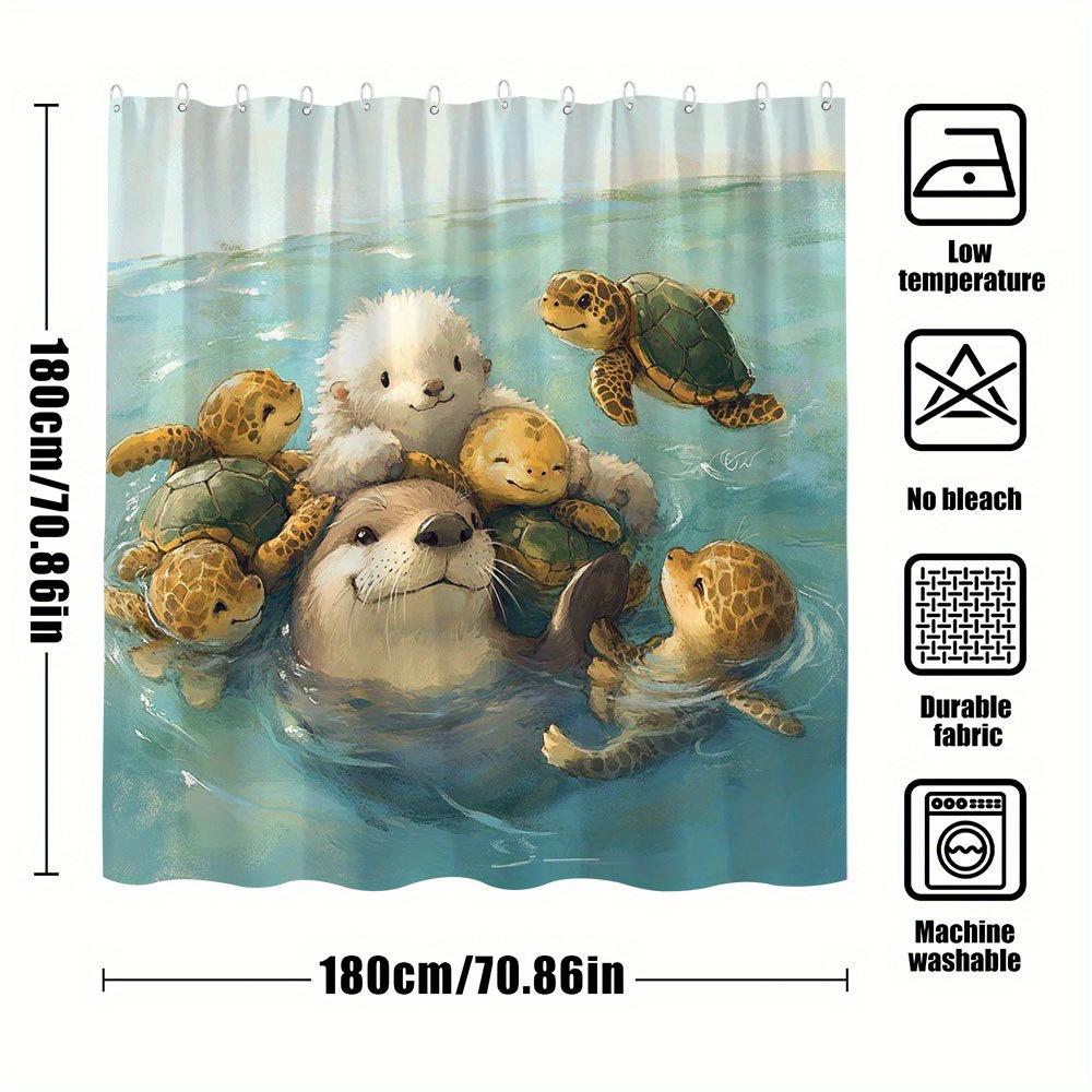 Ocean Animal Theme Shower Curtain - Seal & Turtle Play Pattern, Adds Fun & Natural Ambiance, Polyester Bathroom Decor, 12 Hooks