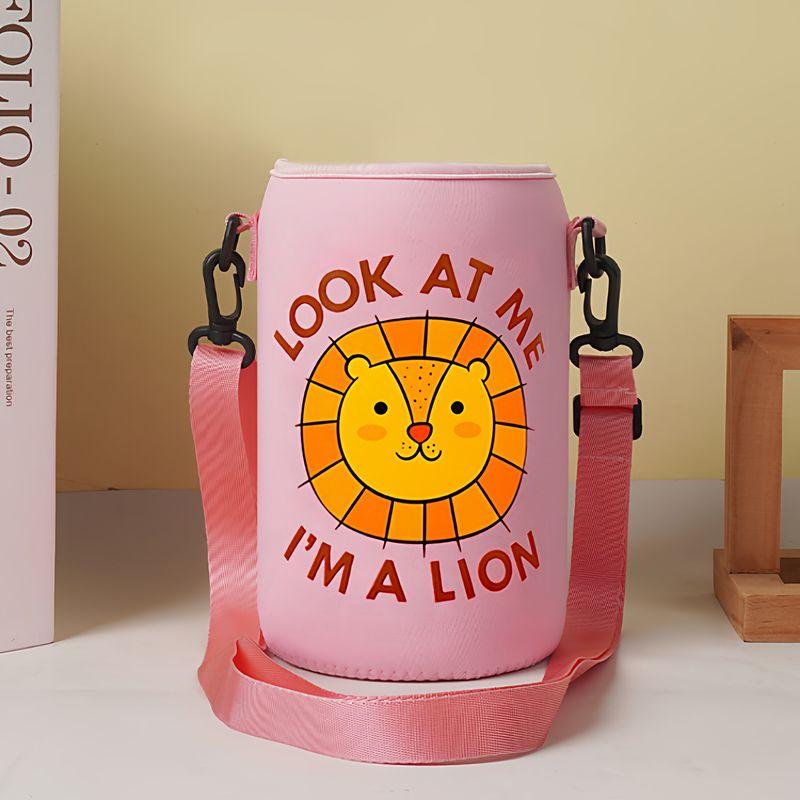 Suitable for Hals 1000 1200ml Large-Capacity Thermos Cup Cartoon Cup Cover Cross-Body Water Bottle Protective Cover Pink-Lion Head-Small