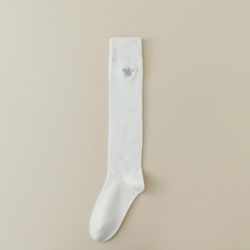 Women Stockings Bee Embroidery Long Socks Solid Color Black White Gray Stockings Knitted Cotton Knee Socks Women Stockings