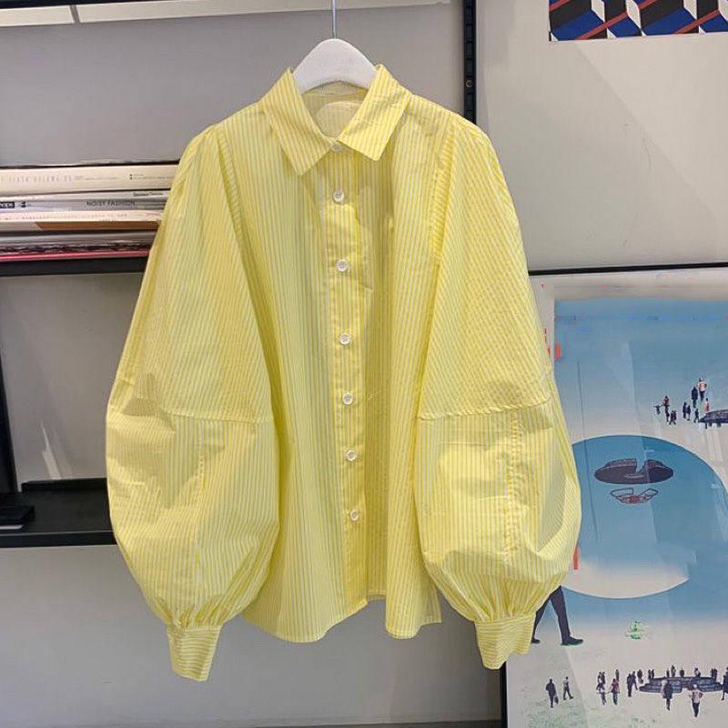 2026 Spring Korean Lantern Sleeve Striped Loose Fit Women s Top XL