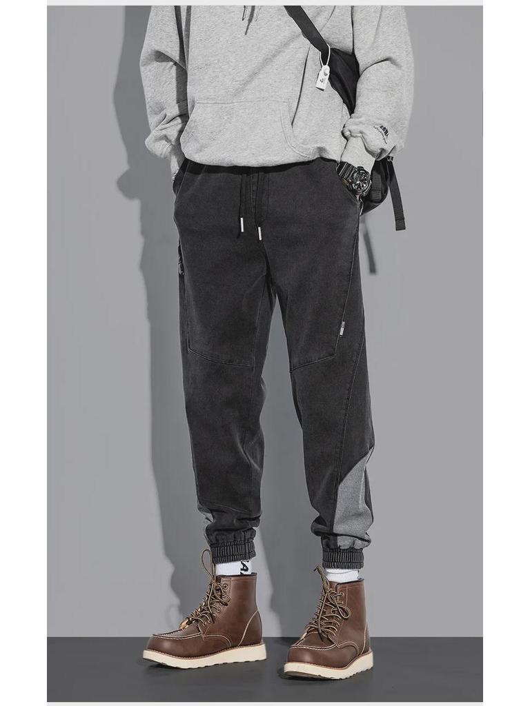 Men's Korean Style Black Cuffed Jeans - Casual Loose Fit Harem Pants for Spring and Autumn